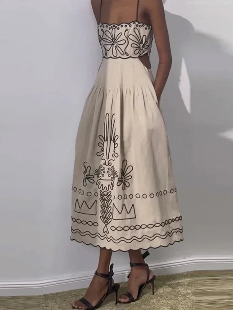 Vintage Sexy Printed Hollow Out Long Dress