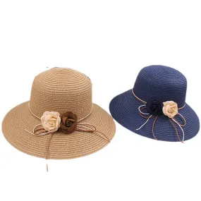 Women Folding Woven Wide Brimmed Bucket Hat Outdoor Bandage Beach Dress Visor With Bowknot