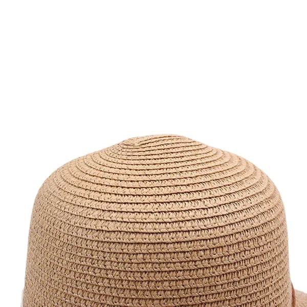 Women Folding Woven Wide Brimmed Bucket Hat Outdoor Bandage Beach Dress Visor With Bowknot