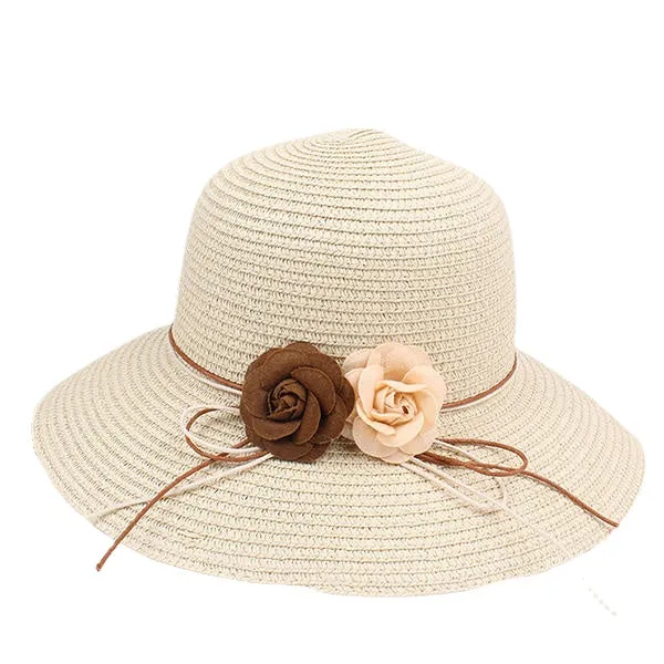 Women Folding Woven Wide Brimmed Bucket Hat Outdoor Bandage Beach Dress Visor With Bowknot