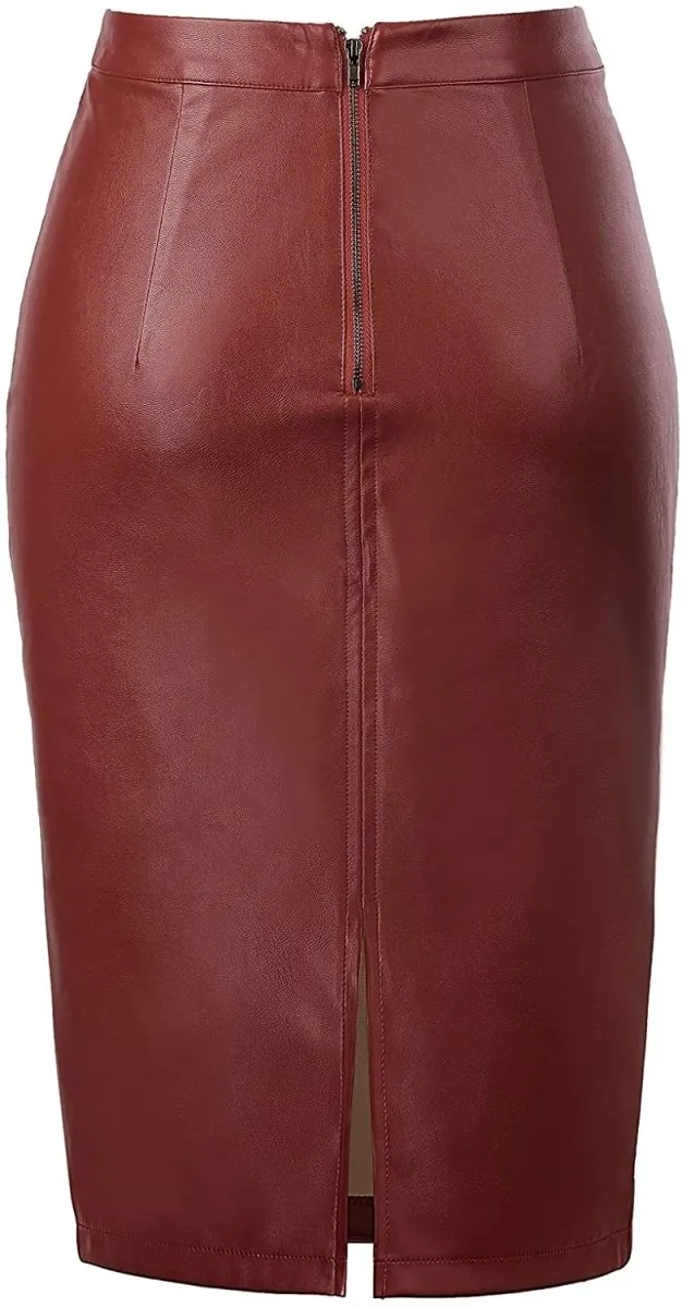 Women's Faux Leather Pencil Elegant High Waist Split Skirt