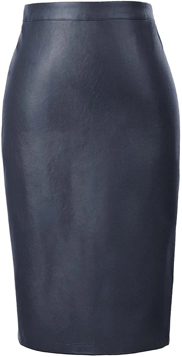 Women's Faux Leather Pencil Elegant High Waist Split Skirt