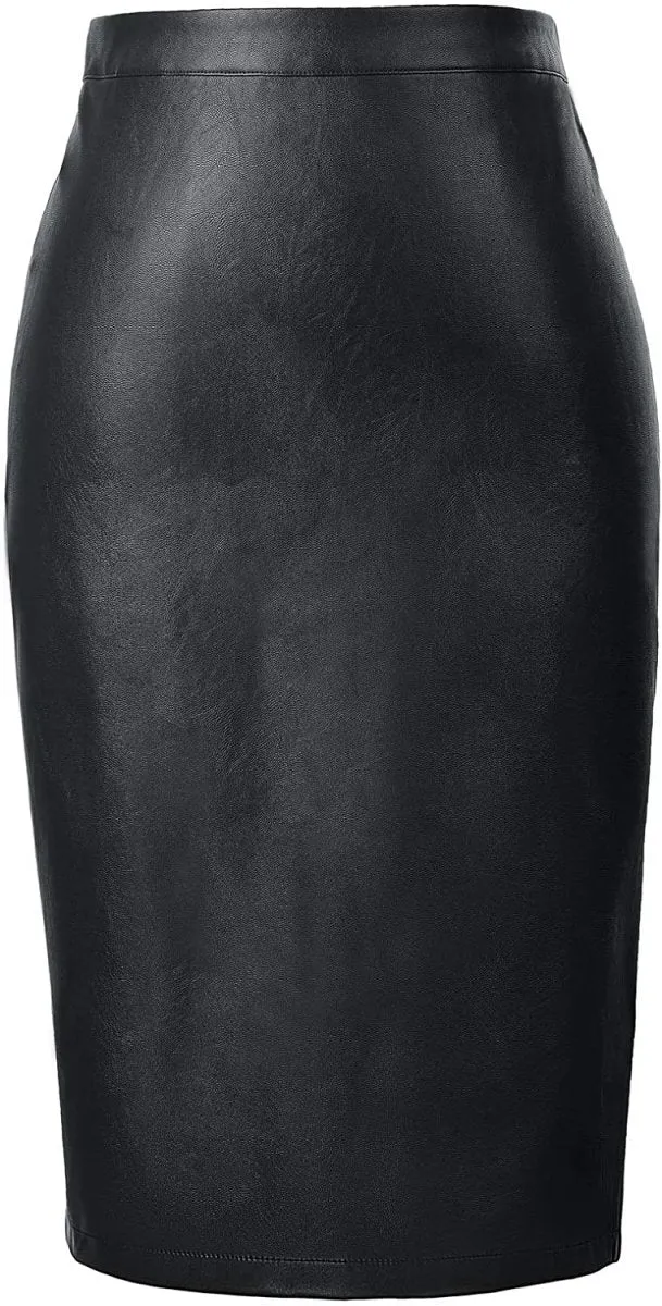 Women's Faux Leather Pencil Elegant High Waist Split Skirt