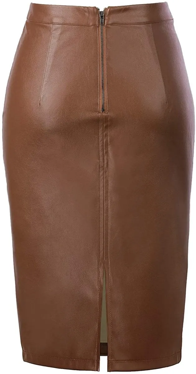 Women's Faux Leather Pencil Elegant High Waist Split Skirt