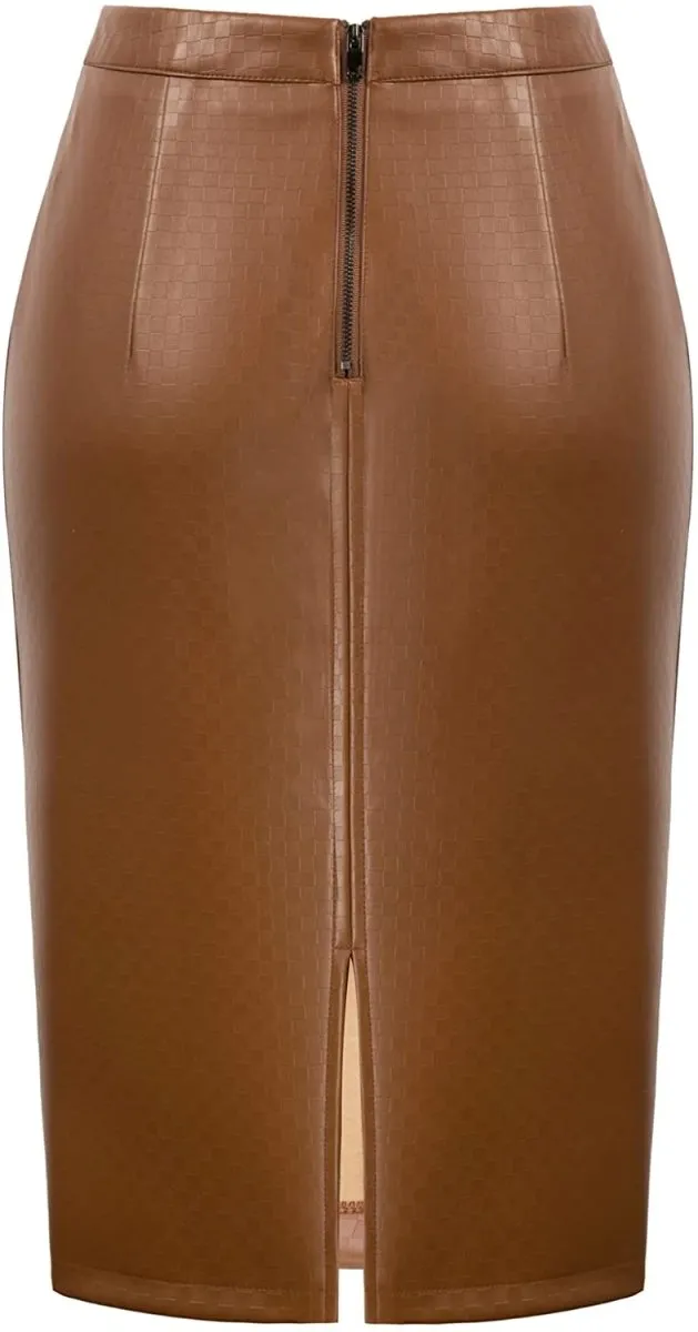 Women's Faux Leather Pencil Elegant High Waist Split Skirt