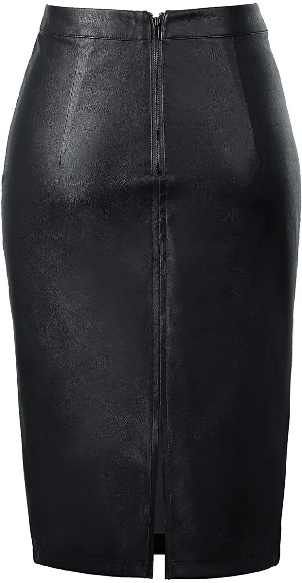 Women's Faux Leather Pencil Elegant High Waist Split Skirt