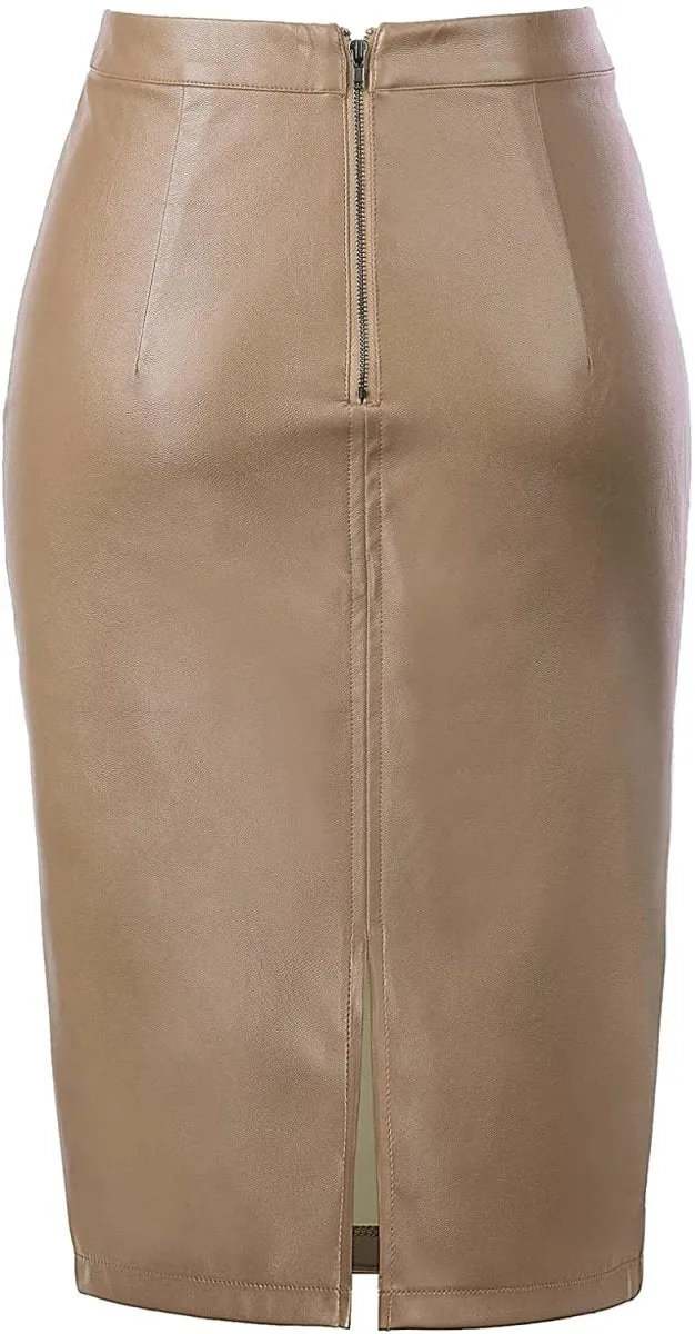 Women's Faux Leather Pencil Elegant High Waist Split Skirt