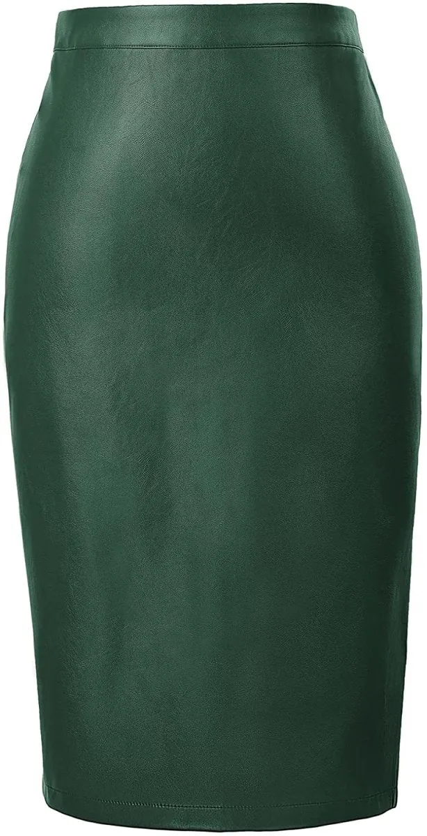 Women's Faux Leather Pencil Elegant High Waist Split Skirt