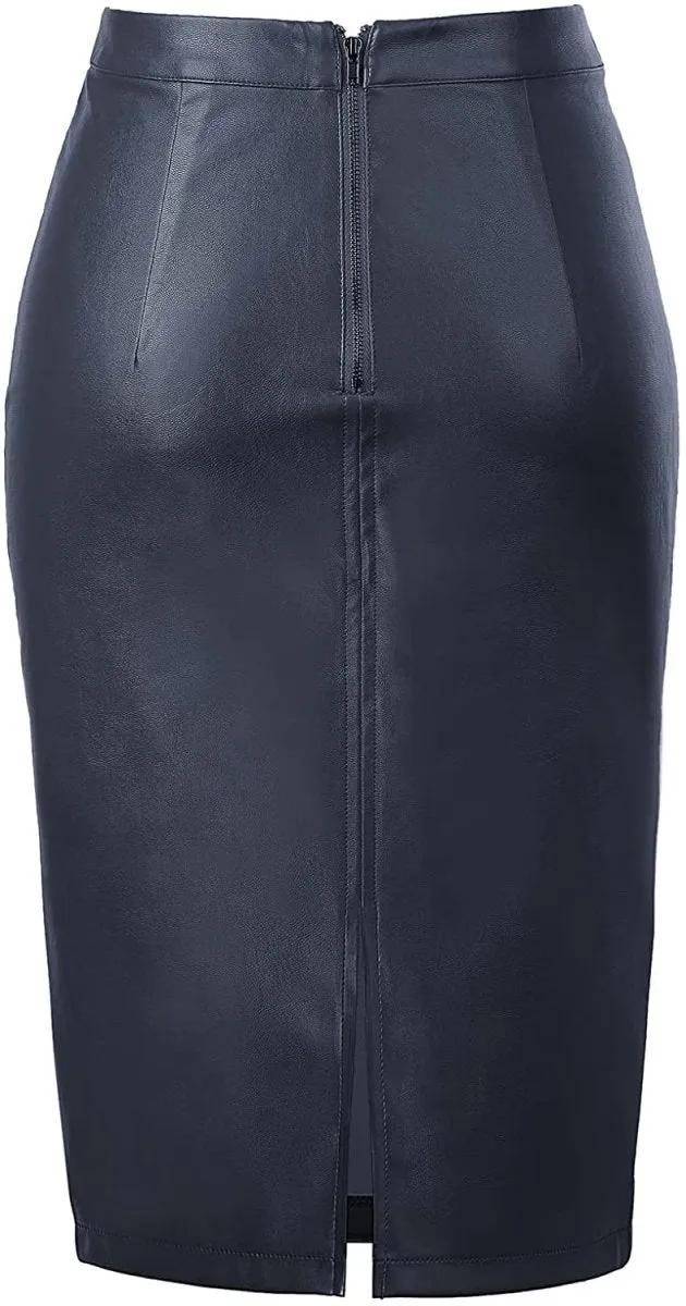 Women's Faux Leather Pencil Elegant High Waist Split Skirt