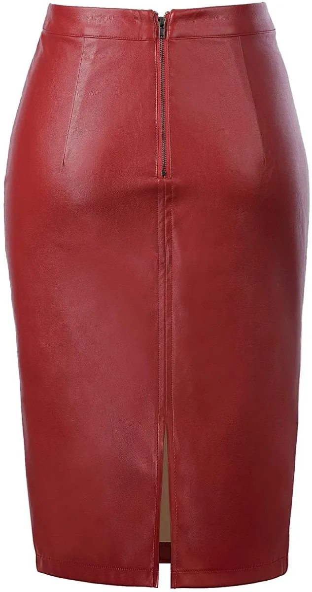 Women's Faux Leather Pencil Elegant High Waist Split Skirt