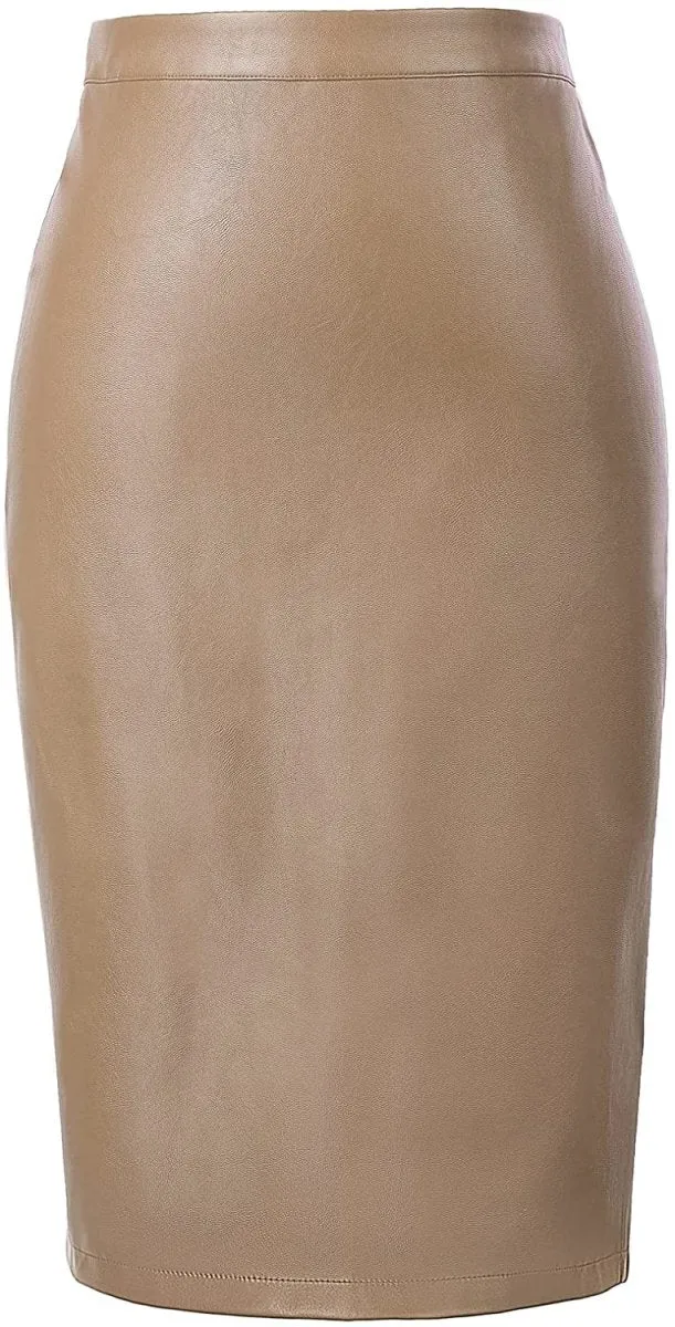 Women's Faux Leather Pencil Elegant High Waist Split Skirt