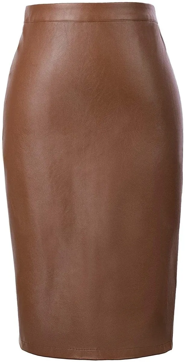 Women's Faux Leather Pencil Elegant High Waist Split Skirt